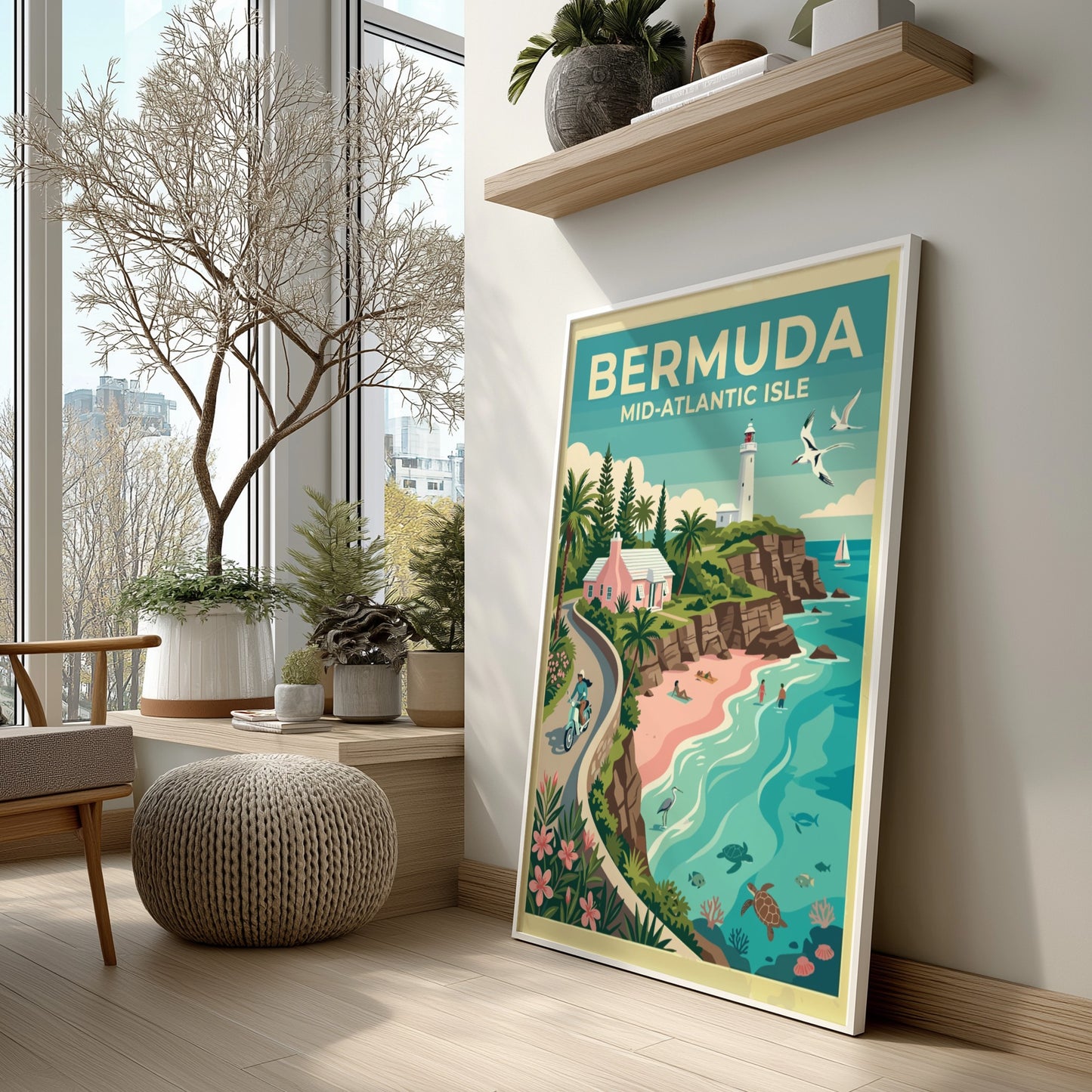 Travel poster of Bermuda showing a pink cottage, white lighthouse, and sea turtles.