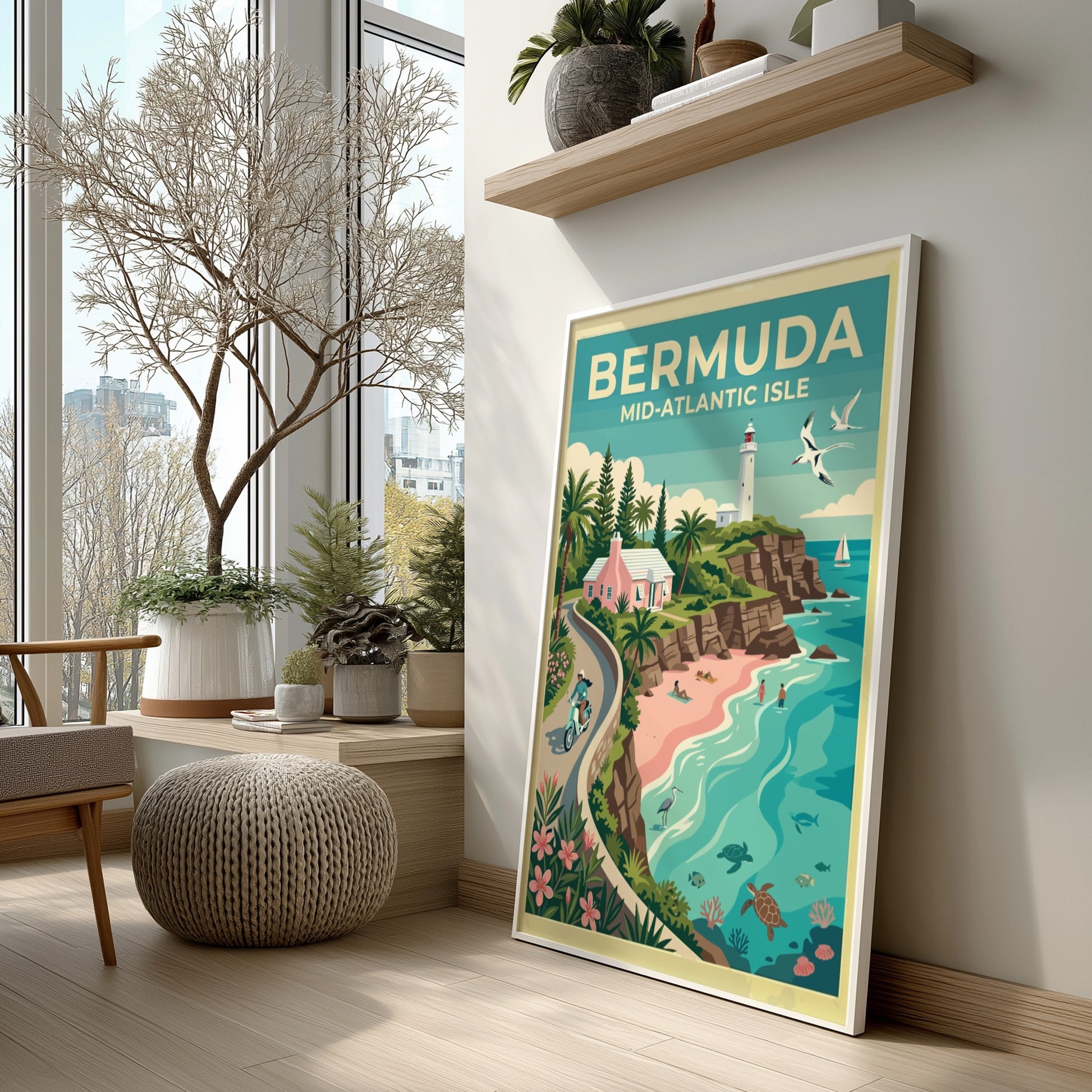 Travel poster of Bermuda showing a pink cottage, white lighthouse, and sea turtles.