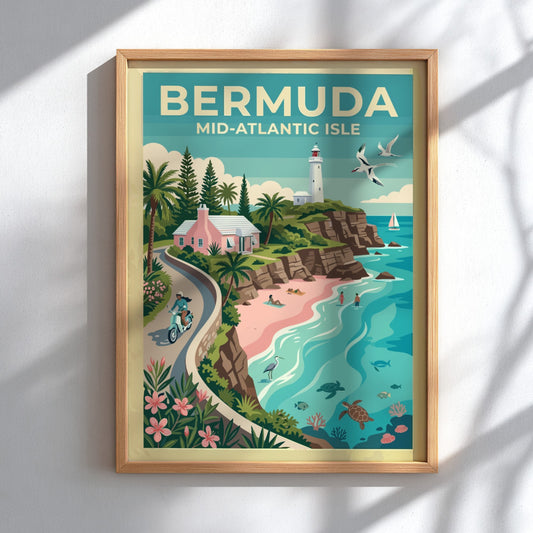 Travel poster of Bermuda showing a pink cottage, white lighthouse, and sea turtles.
