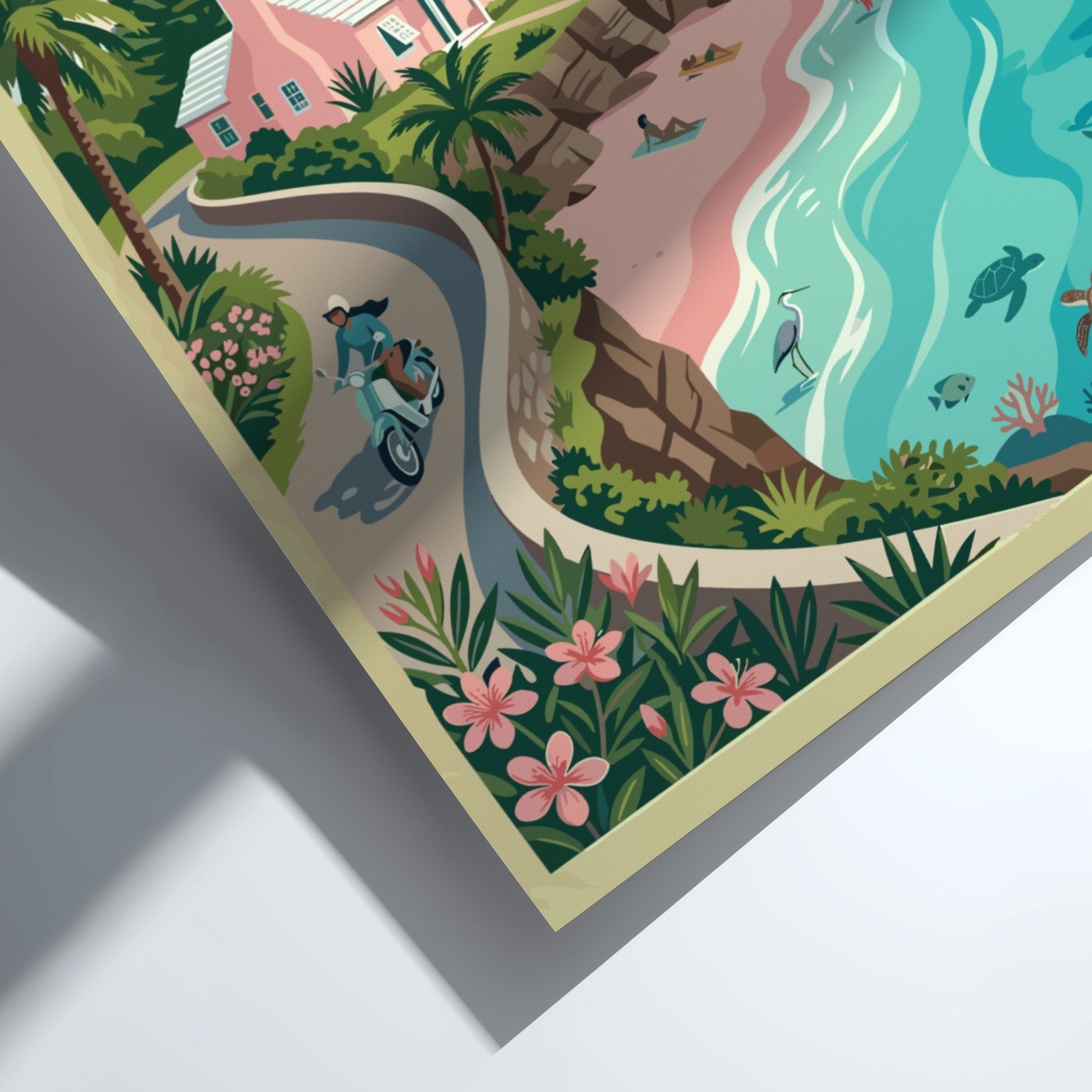 Travel poster of Bermuda showing a pink cottage, white lighthouse, and sea turtles.