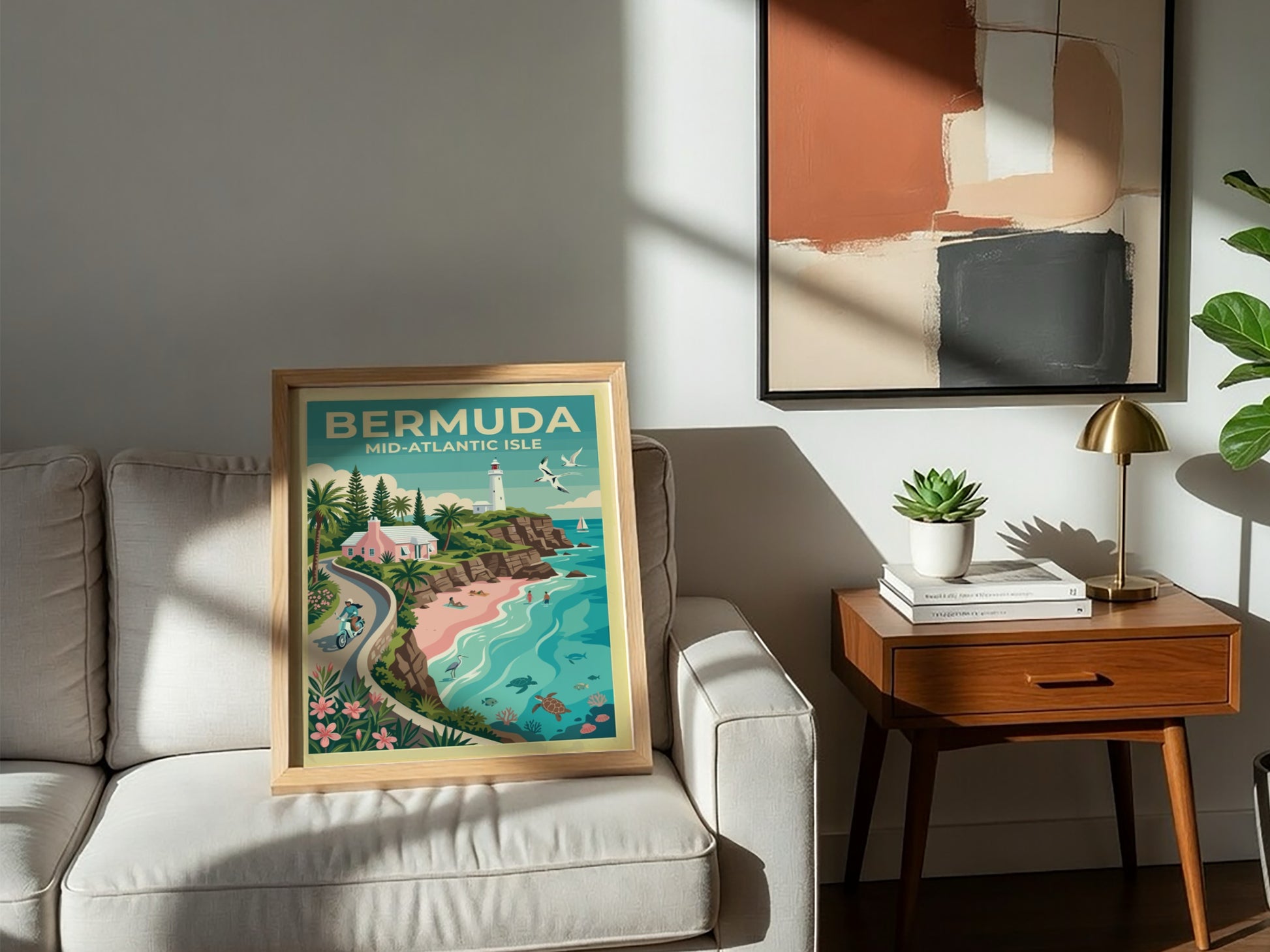 Travel poster of Bermuda showing a pink cottage, white lighthouse, and sea turtles.
