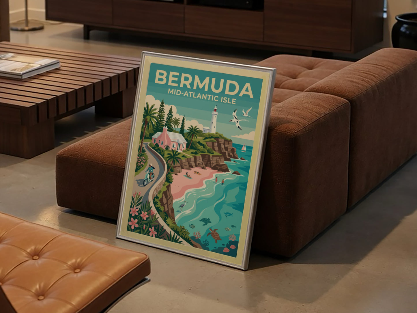 Travel poster of Bermuda showing a pink cottage, white lighthouse, and sea turtles.