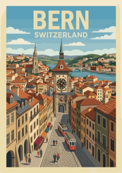 Poster showing the Bern Switzerland clock tower, red trams, and historic buildings in blue.