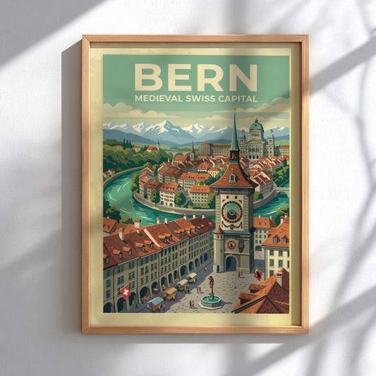 Travel poster of Bern featuring the medieval clock tower with Alpine mountain backdrop