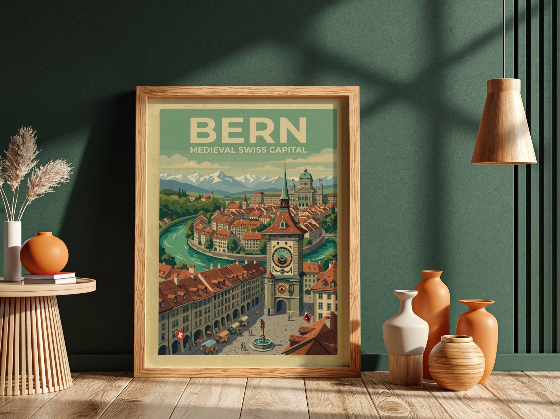 Travel poster of Bern featuring the medieval clock tower with Alpine mountain backdrop