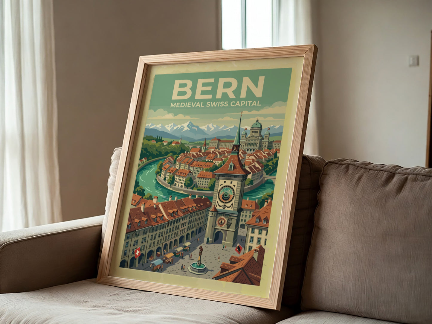 Travel poster of Bern featuring the medieval clock tower with Alpine mountain backdrop