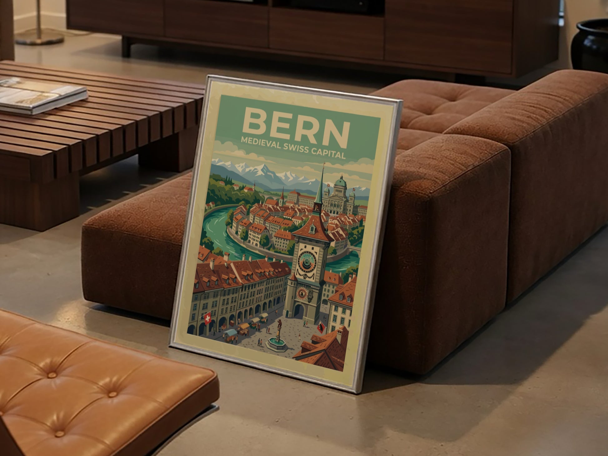 Travel poster of Bern featuring the medieval clock tower with Alpine mountain backdrop