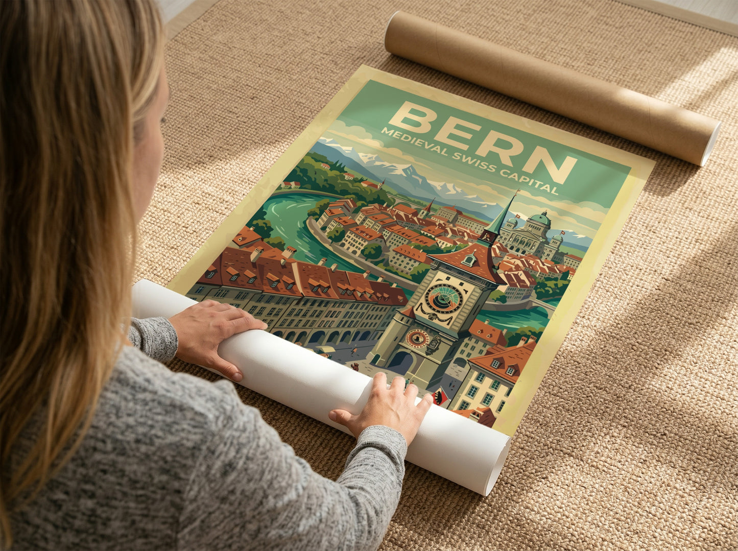 Travel poster of Bern featuring the medieval clock tower with Alpine mountain backdrop