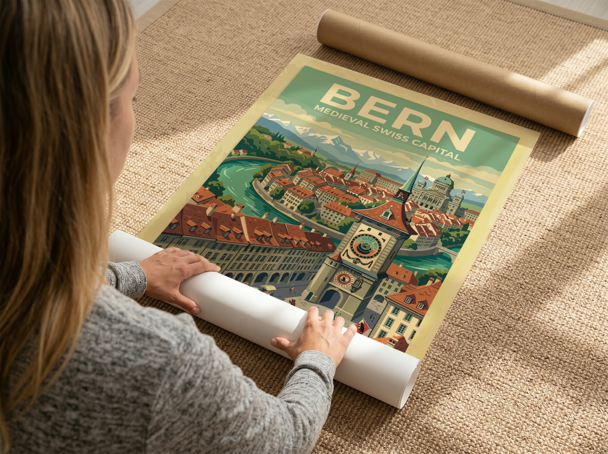 Travel poster of Bern featuring the medieval clock tower with Alpine mountain backdrop