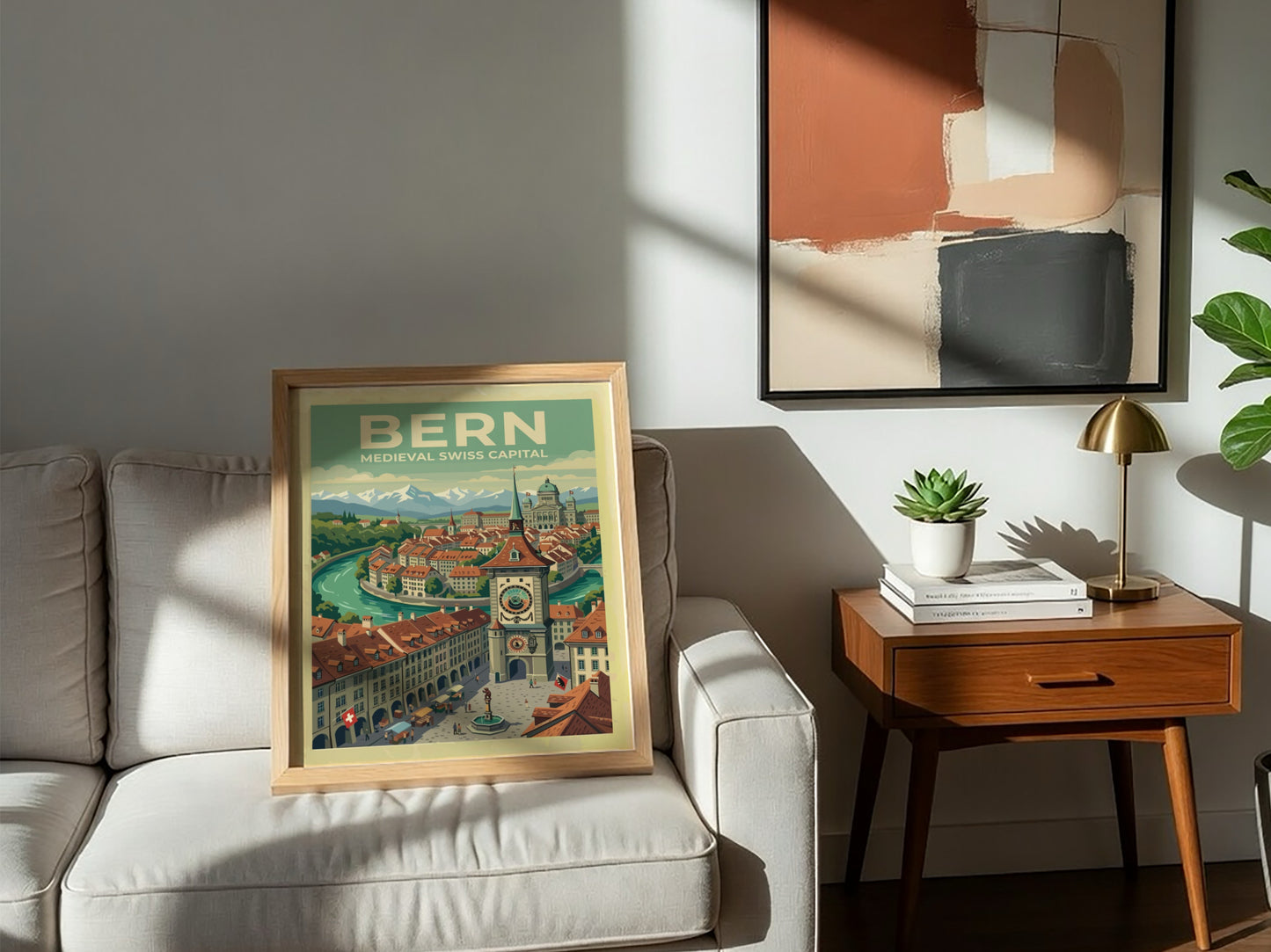 Travel poster of Bern featuring the medieval clock tower with Alpine mountain backdrop