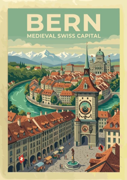 Travel poster of Bern featuring the medieval clock tower with Alpine mountain backdrop