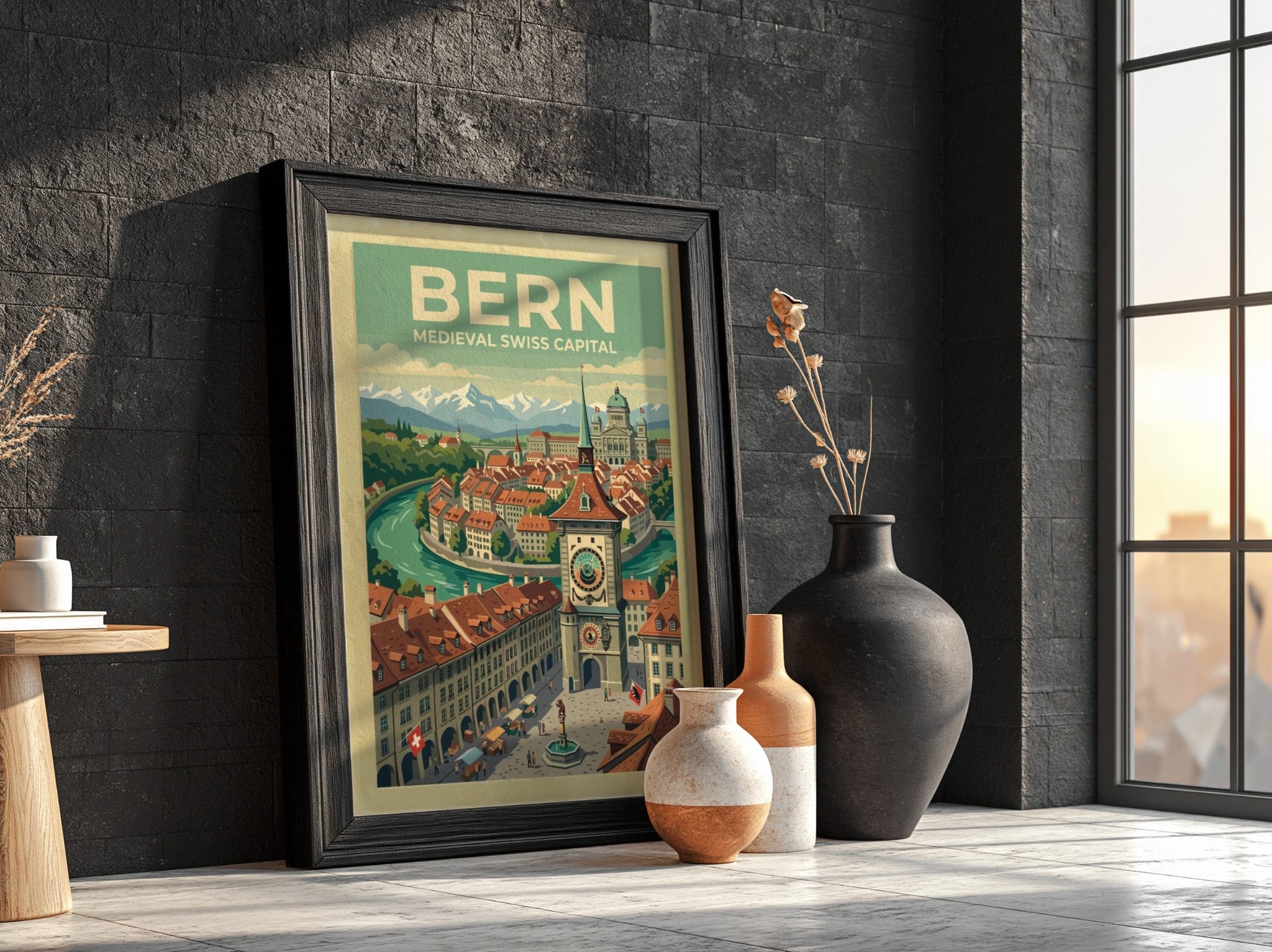Travel poster of Bern featuring the medieval clock tower with Alpine mountain backdrop