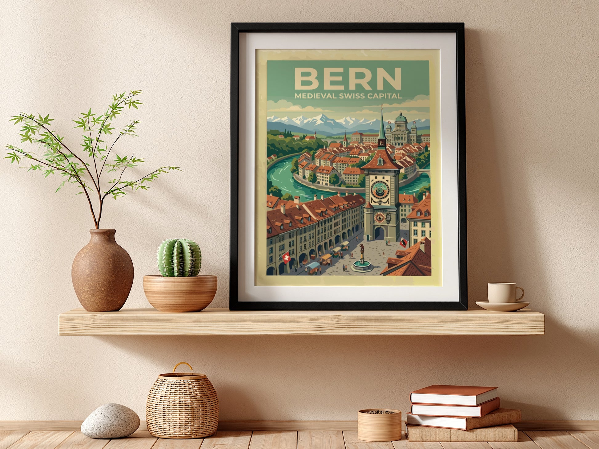 Travel poster of Bern featuring the medieval clock tower with Alpine mountain backdrop