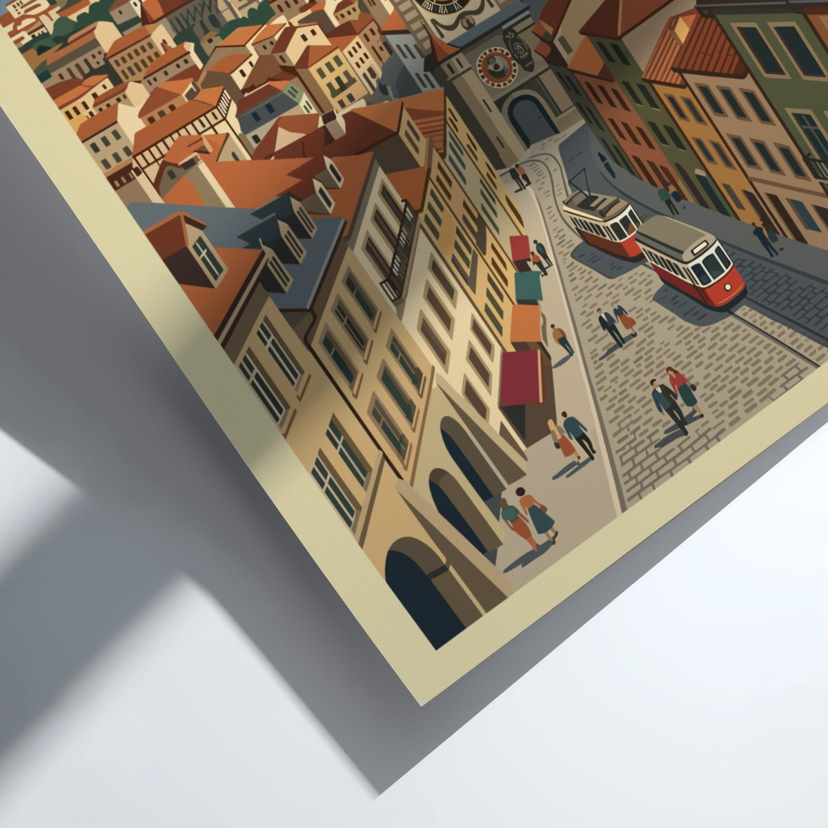 Poster showing the Bern Switzerland clock tower, red trams, and historic buildings in blue.