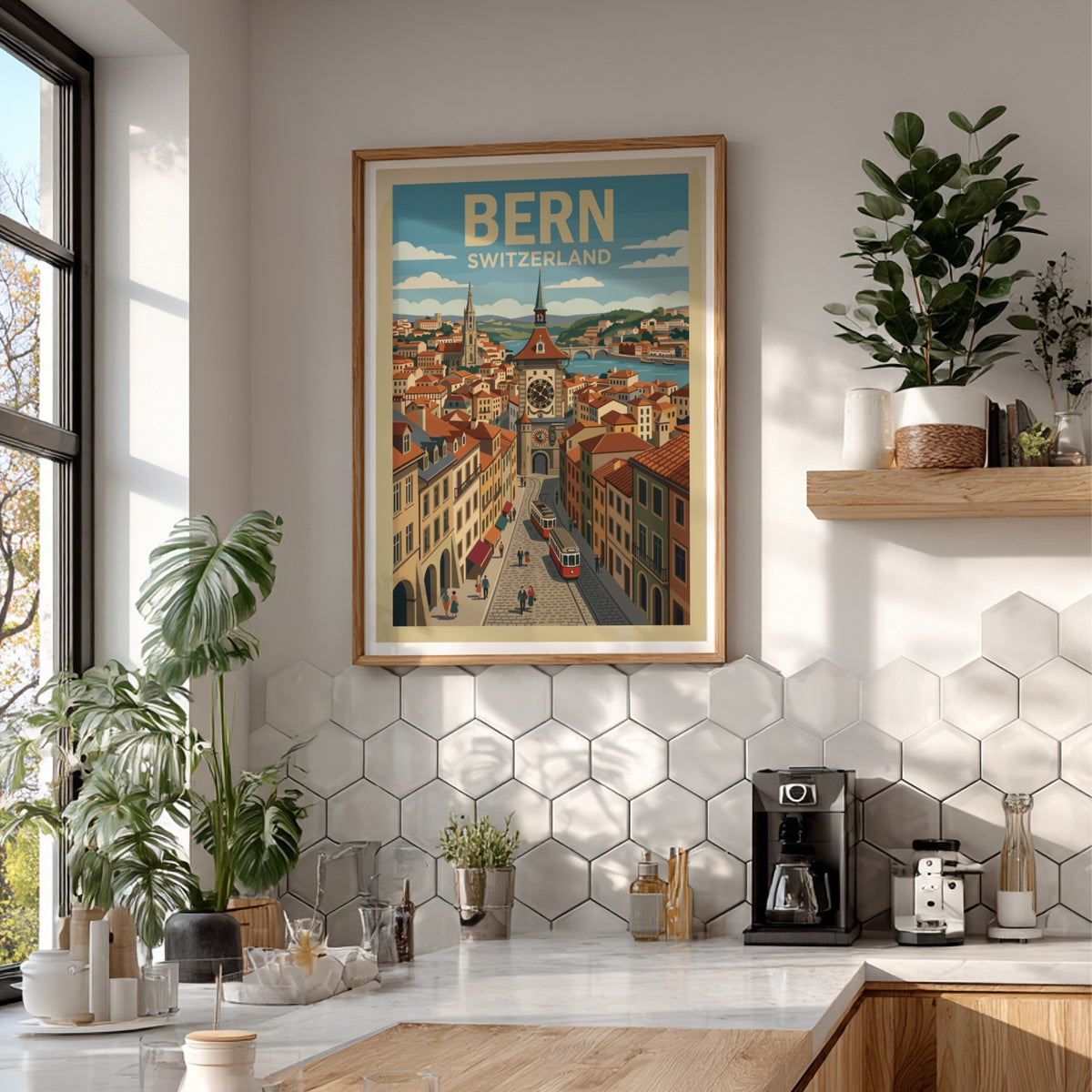Poster showing the Bern Switzerland clock tower, red trams, and historic buildings in blue.