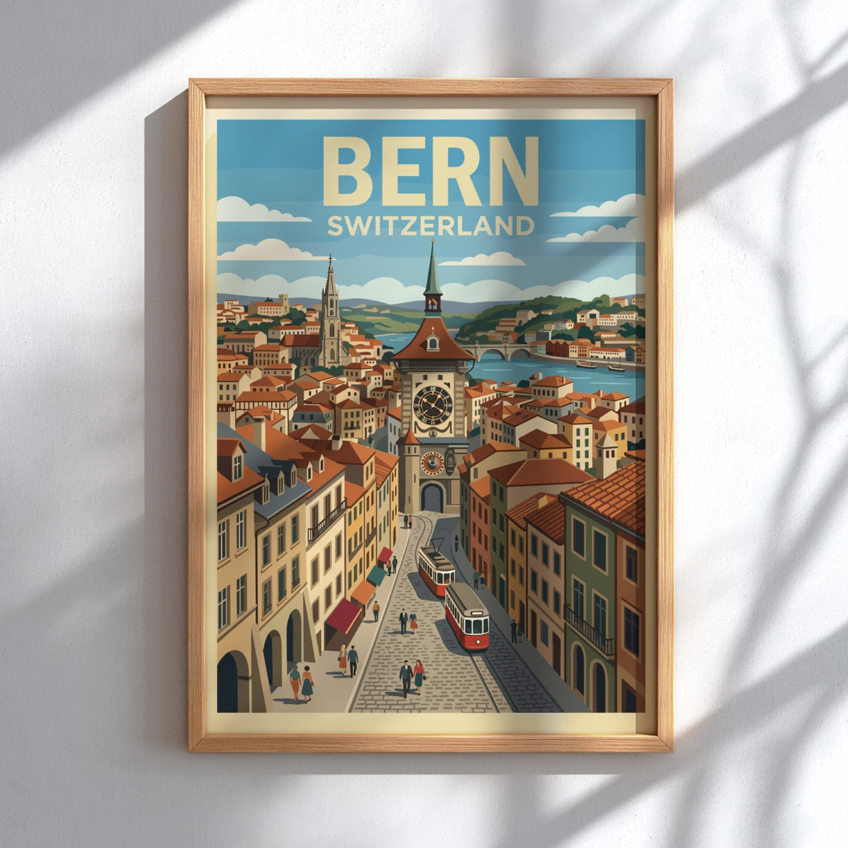 Poster showing the Bern Switzerland clock tower, red trams, and historic buildings in blue.