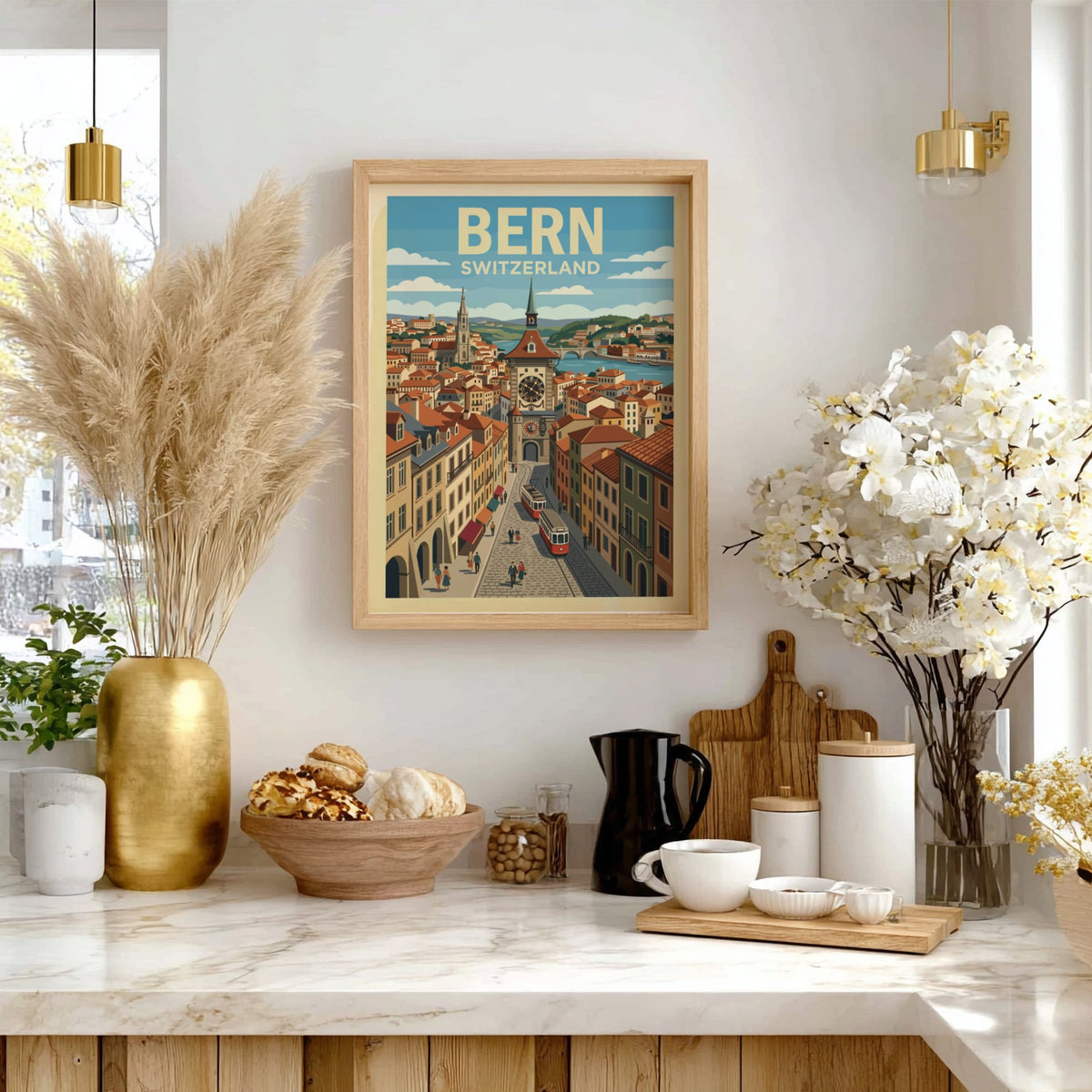 Poster showing the Bern Switzerland clock tower, red trams, and historic buildings in blue.