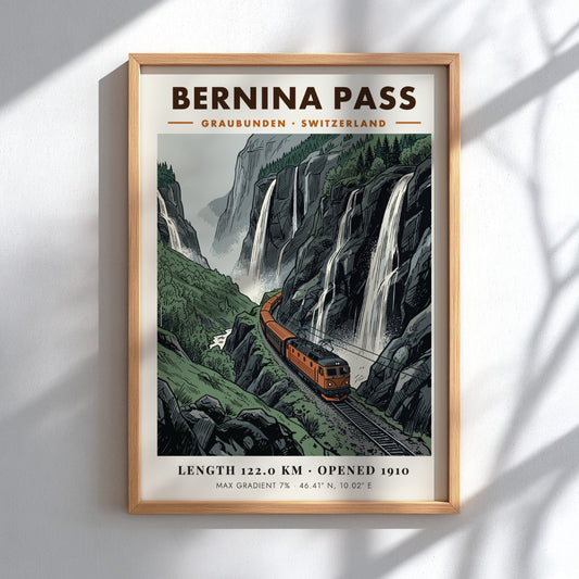 Poster featuring an orange train climbing through the Swiss Alps near dramatic waterfalls.