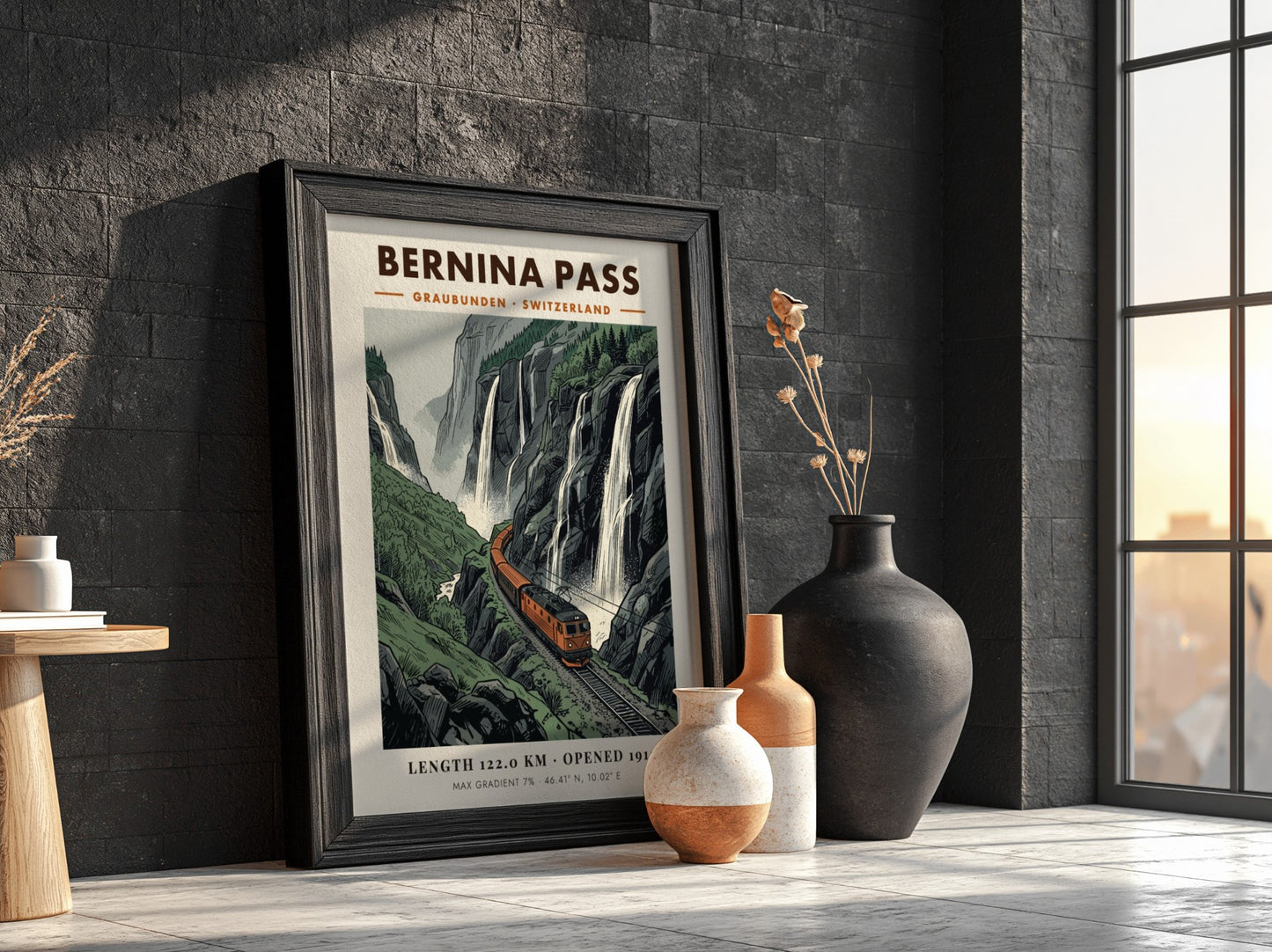 Poster featuring an orange train climbing through the Swiss Alps near dramatic waterfalls.