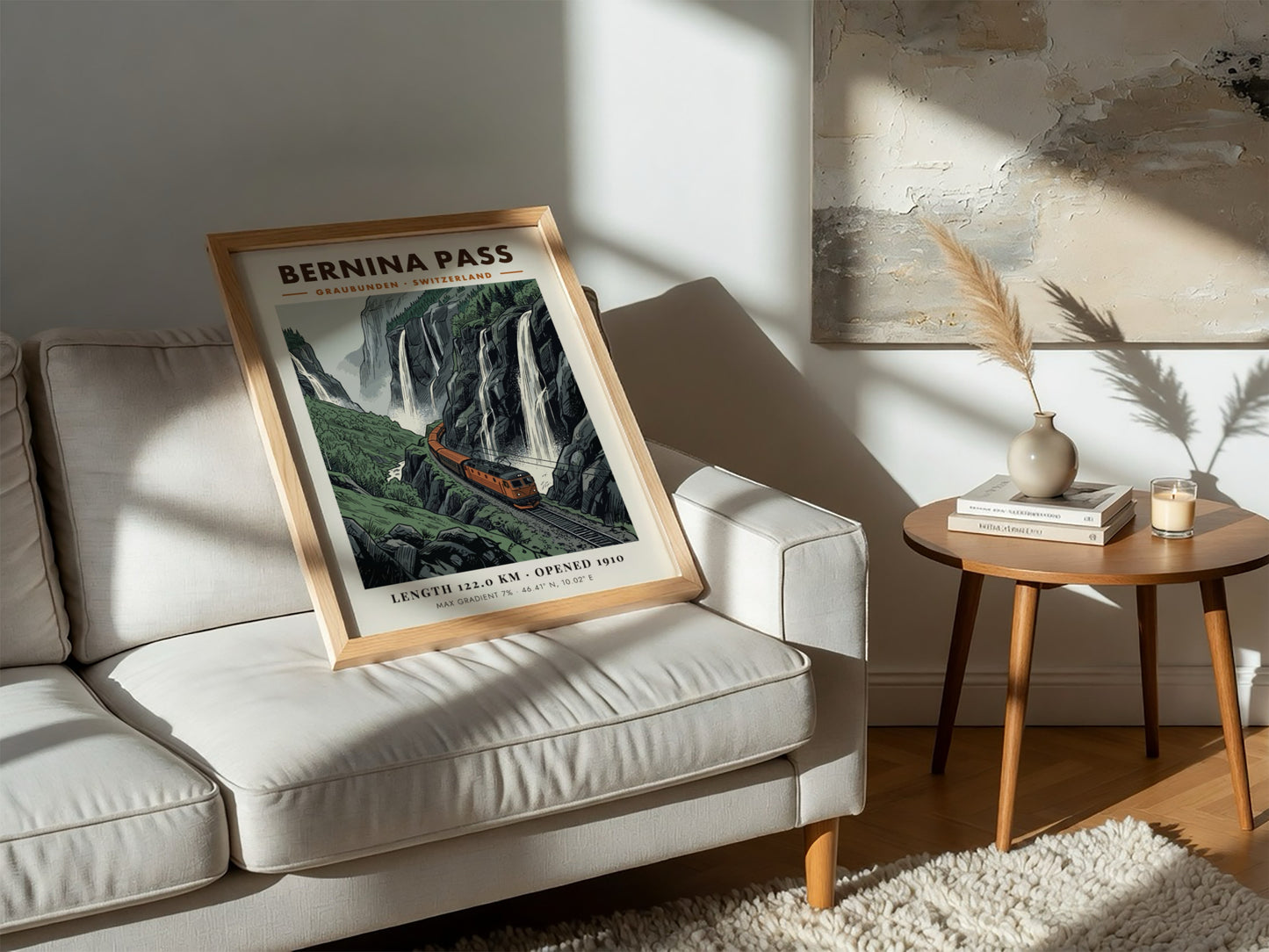 Poster featuring an orange train climbing through the Swiss Alps near dramatic waterfalls.