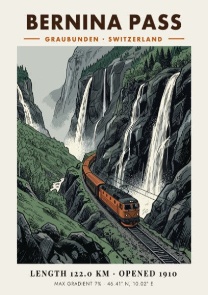 Poster featuring an orange train climbing through the Swiss Alps near dramatic waterfalls.
