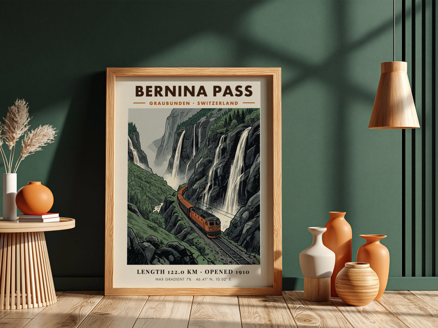 Poster featuring an orange train climbing through the Swiss Alps near dramatic waterfalls.