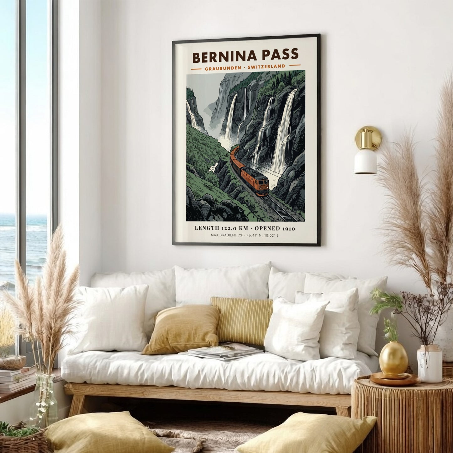 Poster featuring an orange train climbing through the Swiss Alps near dramatic waterfalls.
