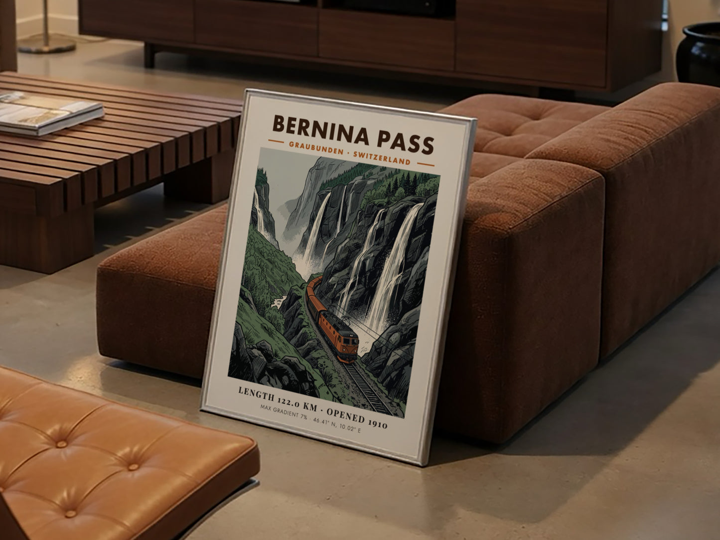 Poster featuring an orange train climbing through the Swiss Alps near dramatic waterfalls.