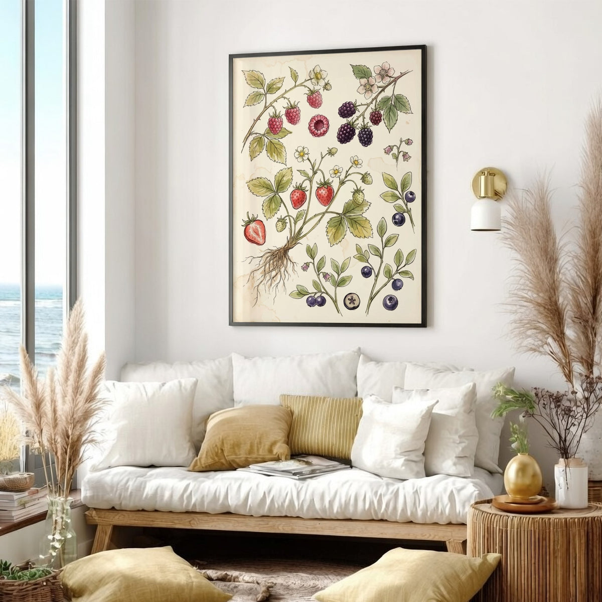 Poster featuring detailed watercolour illustrations of strawberries, raspberries, and blueberries on cream