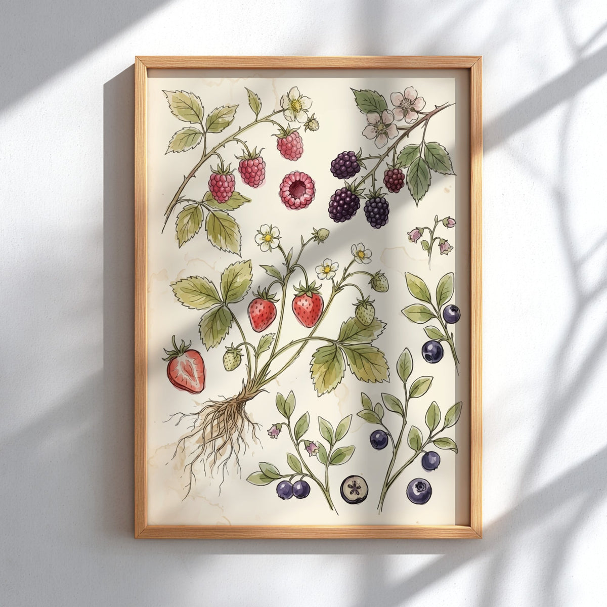 Poster featuring detailed watercolour illustrations of strawberries, raspberries, and blueberries on cream
