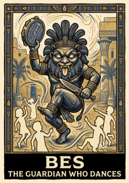 Poster featuring Bes the Egyptian deity dancing with a tambourine and a blade.