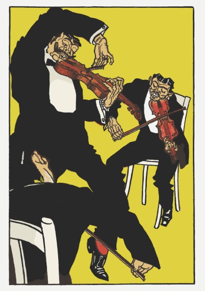 Poster of Moriz Jung's "Between 3 and 4 in the Morning!" featuring expressionist violinists in bold black
