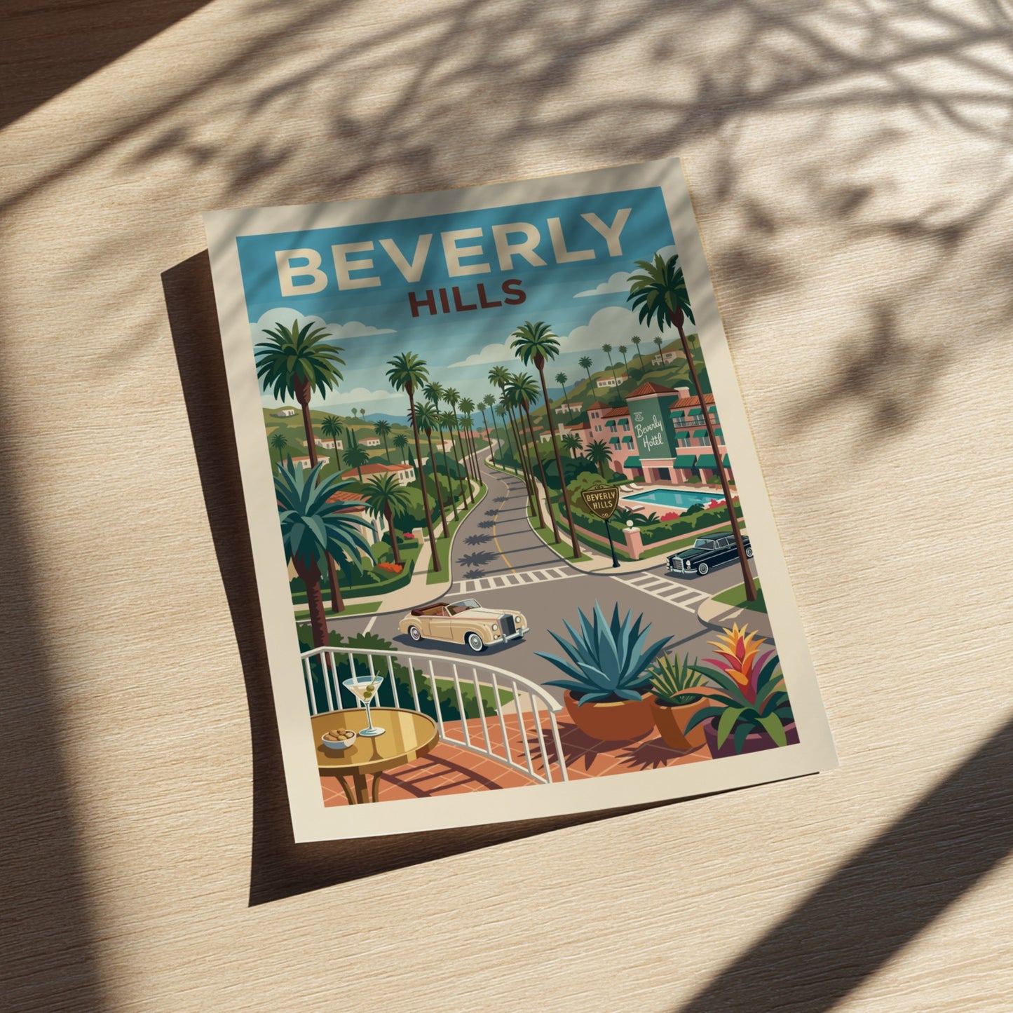Vintage Beverly Hills road poster with palm trees, classic cars, and hotel. Retro travel art.