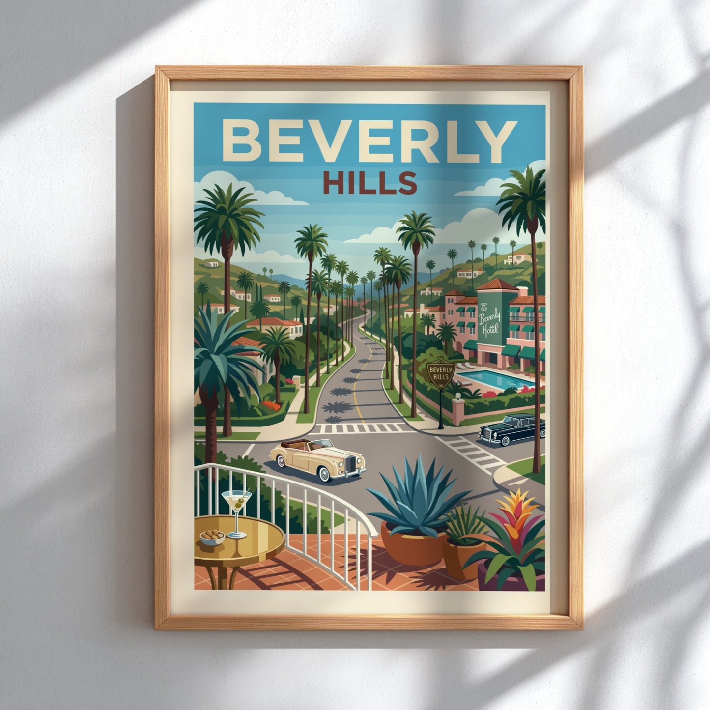 Vintage Beverly Hills road poster with palm trees, classic cars, and hotel. Retro travel art.
