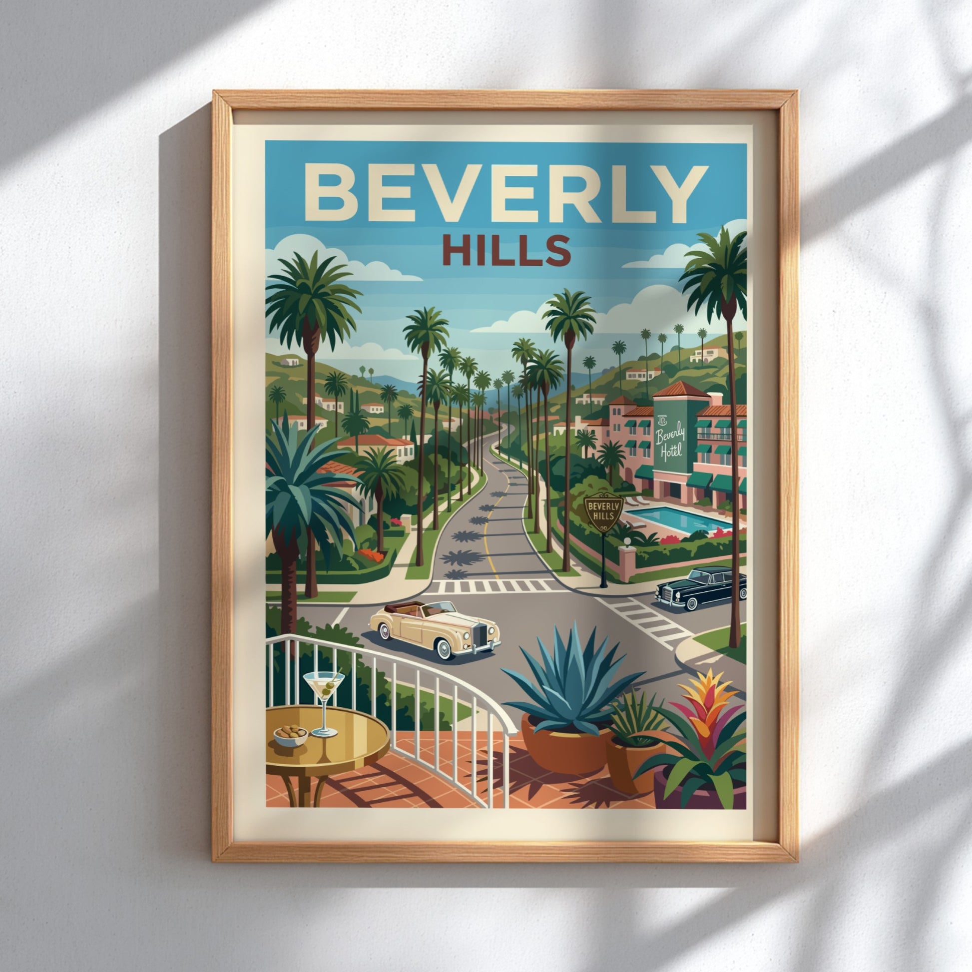 Vintage Beverly Hills road poster with palm trees, classic cars, and hotel. Retro travel art.