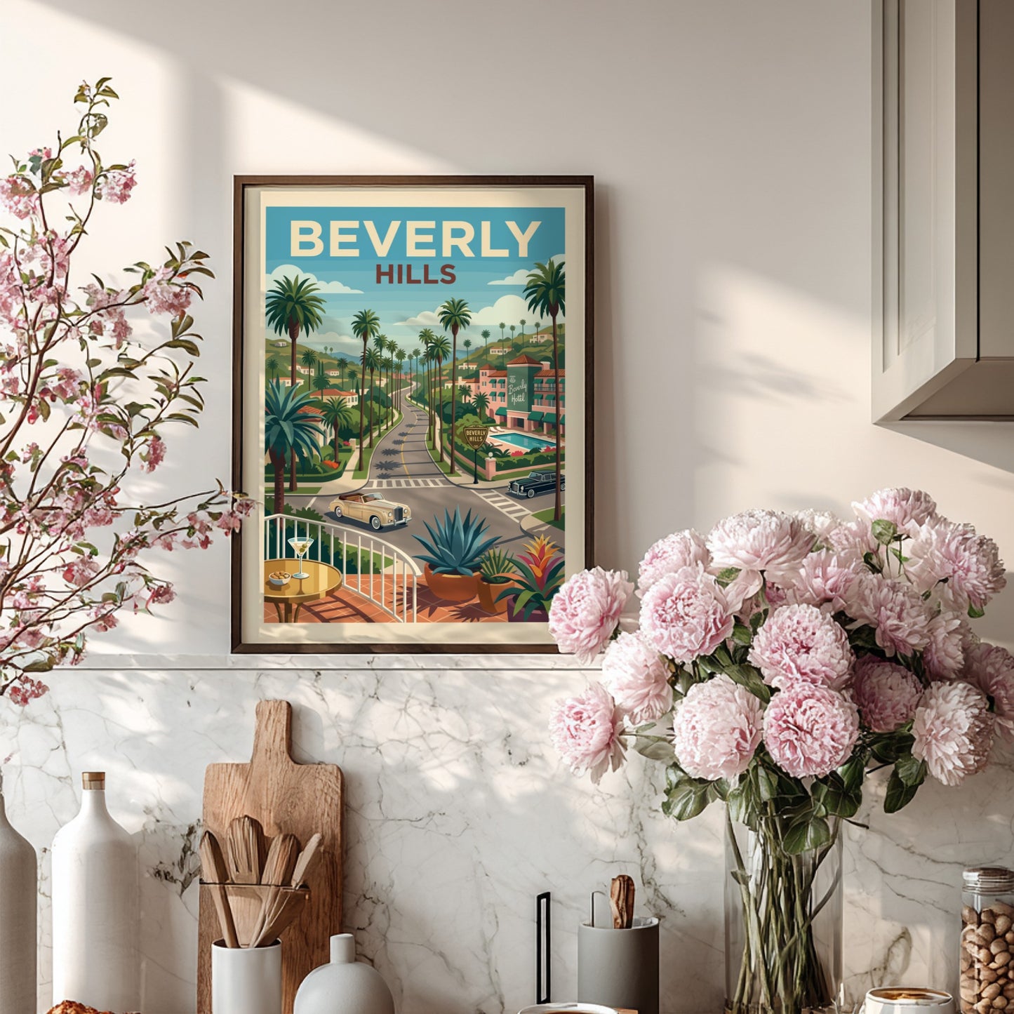 Vintage Beverly Hills road poster with palm trees, classic cars, and hotel. Retro travel art.