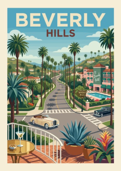 Vintage Beverly Hills road poster with palm trees, classic cars, and hotel. Retro travel art.
