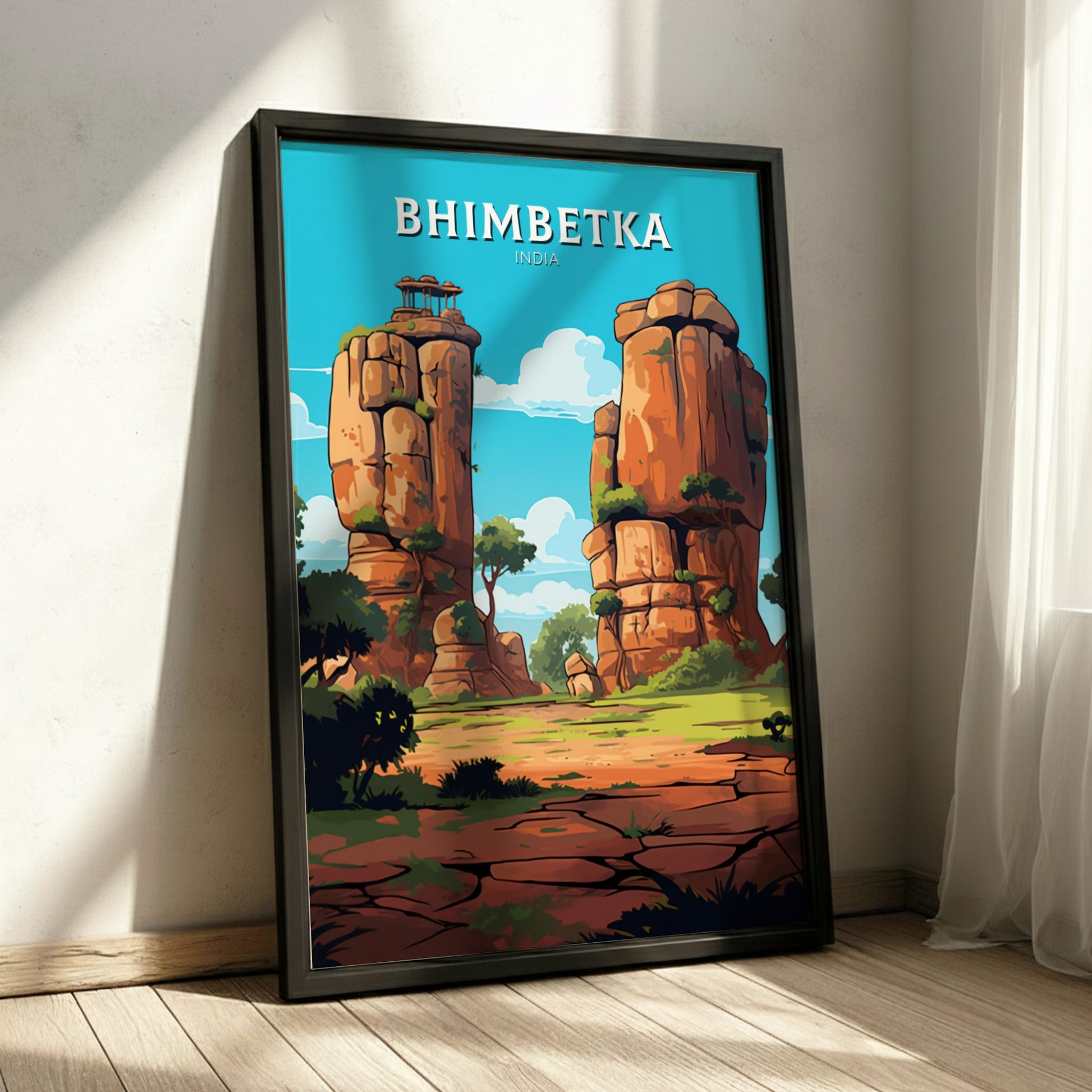 Framed poster of Bhimbetka with rocky landscape and trees on a wall.