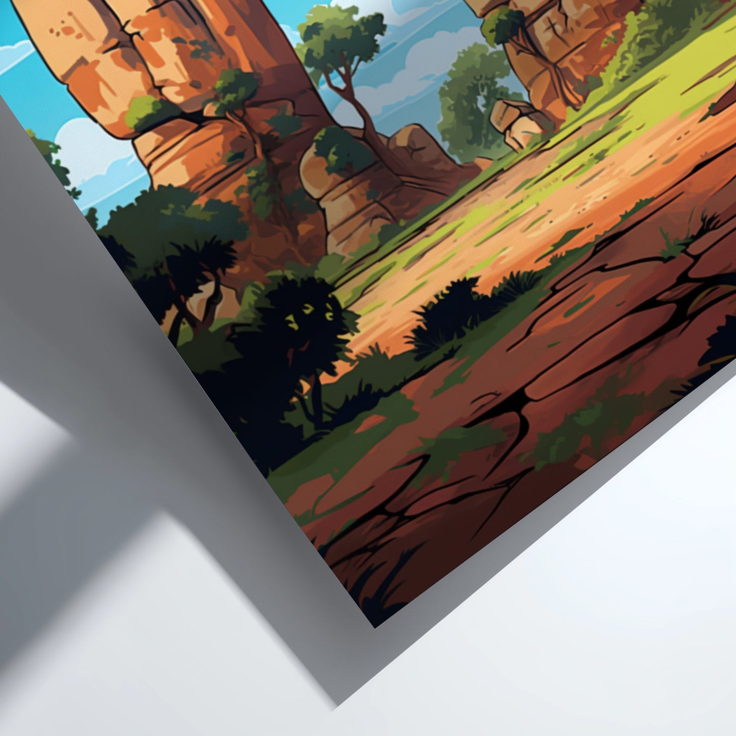 Cartoon landscape with trees, rocks, and a clear sky