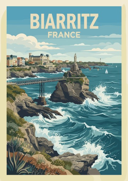 Biarritz France travel poster showing a coastal statue, iron bridge, and blue ocean waves.