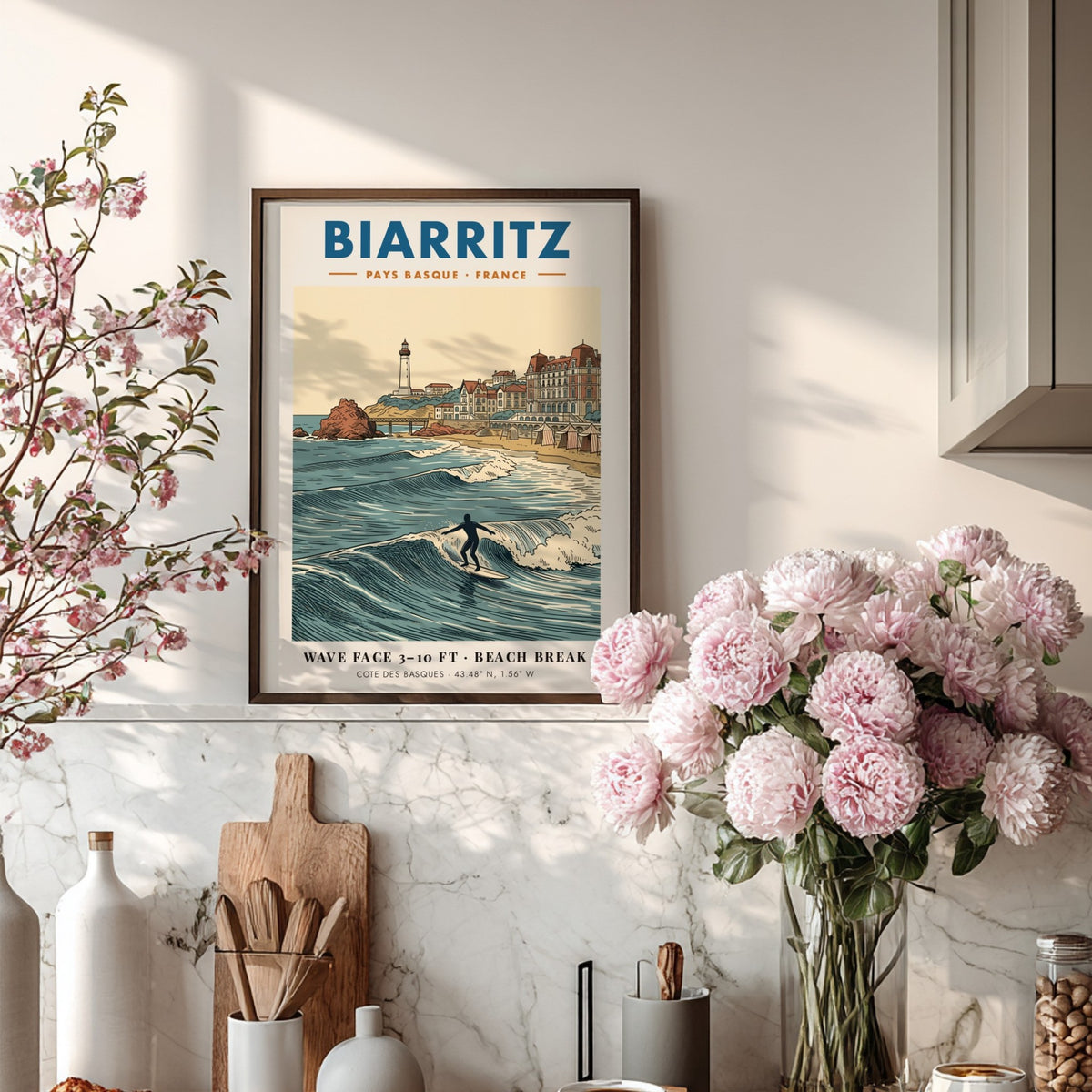 Biarritz travel poster featuring a lighthouse, historic buildings, and a surfer on waves.