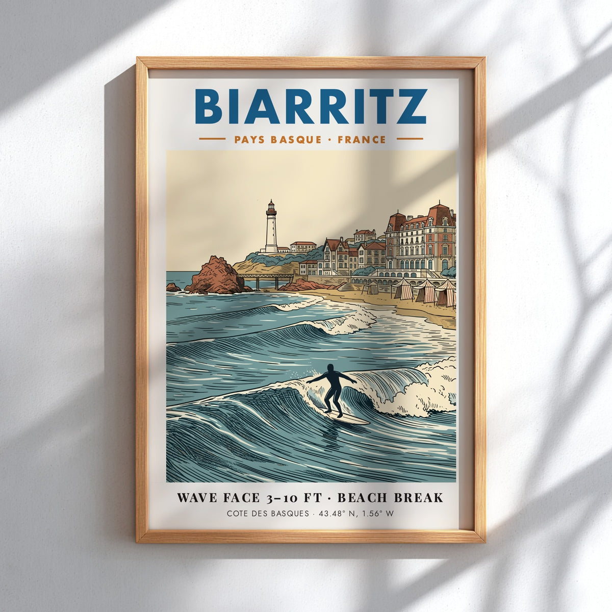 Biarritz travel poster featuring a lighthouse, historic buildings, and a surfer on waves.
