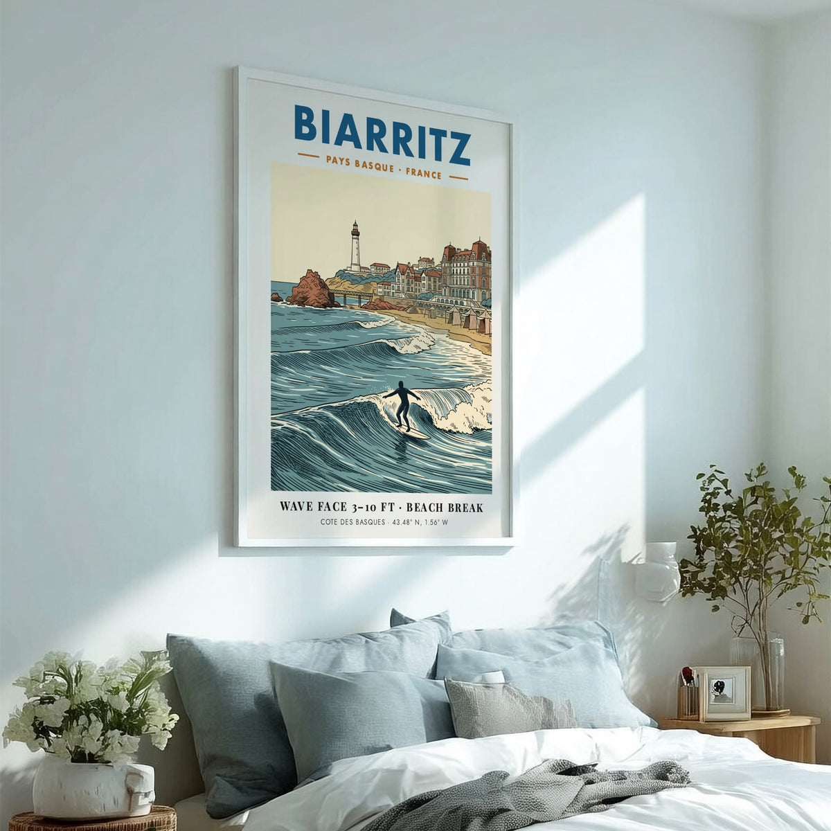 Biarritz travel poster featuring a lighthouse, historic buildings, and a surfer on waves.