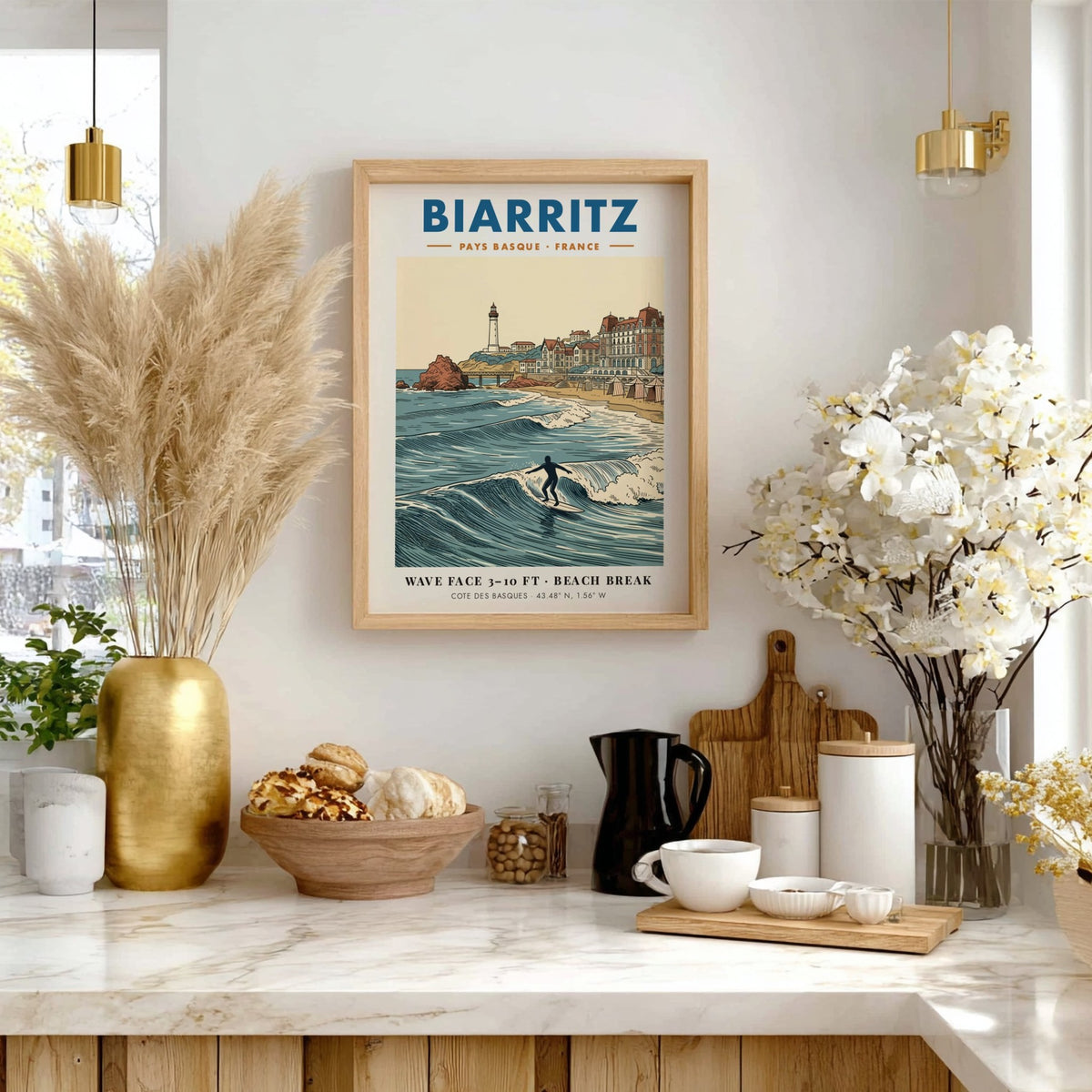 Biarritz travel poster featuring a lighthouse, historic buildings, and a surfer on waves.