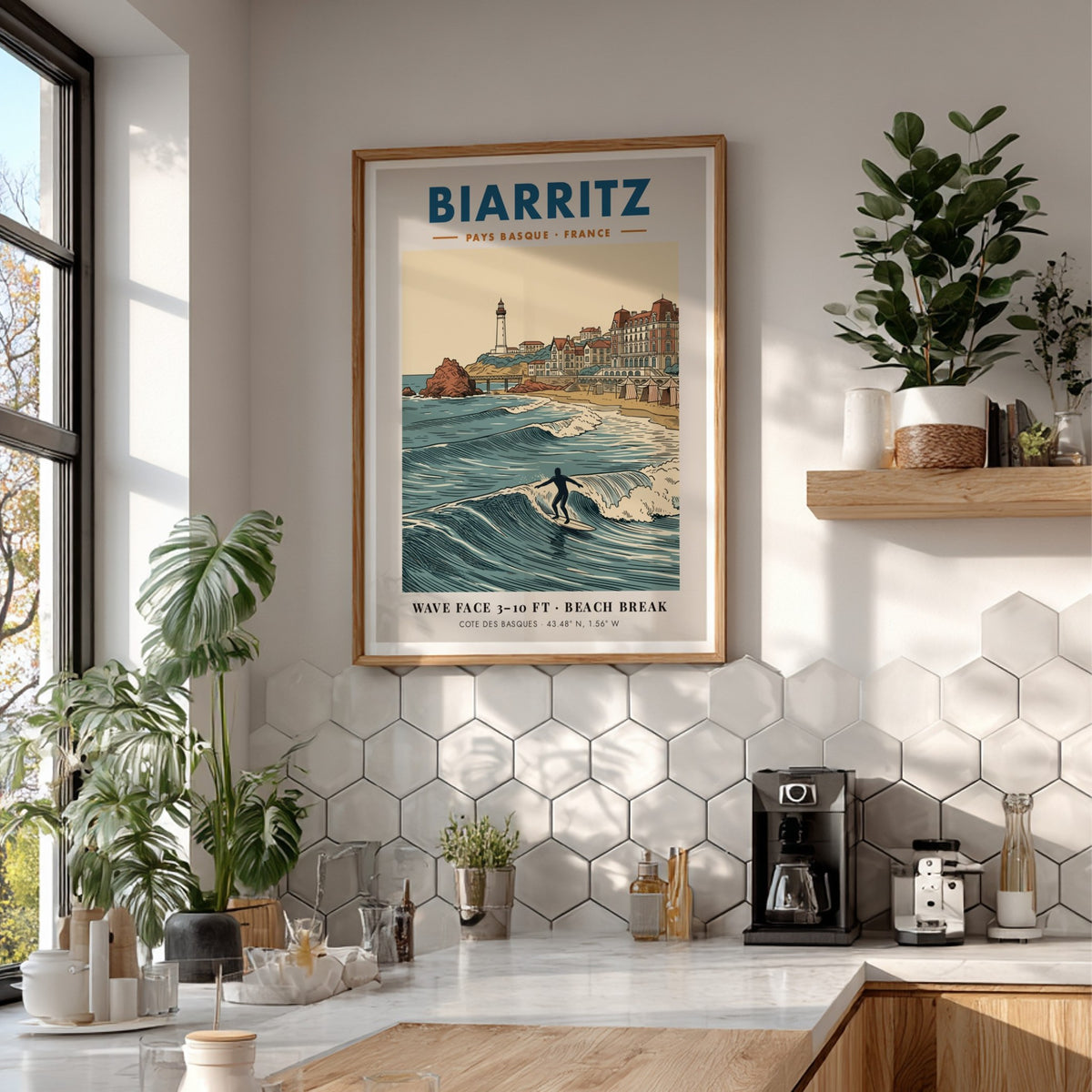 Biarritz travel poster featuring a lighthouse, historic buildings, and a surfer on waves.