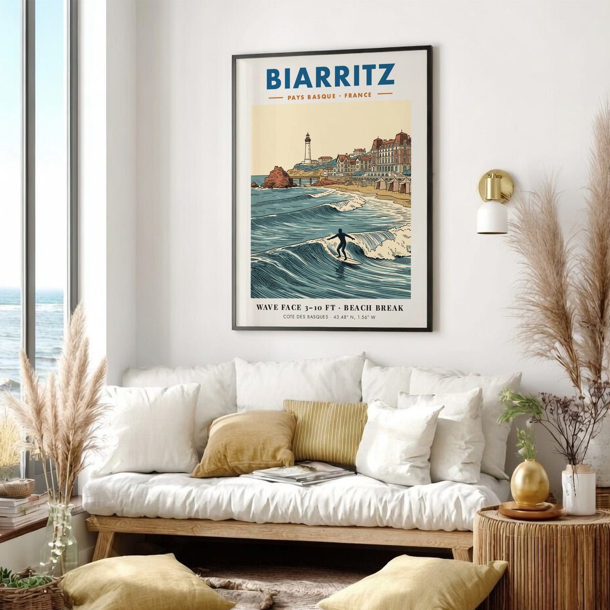 Biarritz travel poster featuring a lighthouse, historic buildings, and a surfer on waves.
