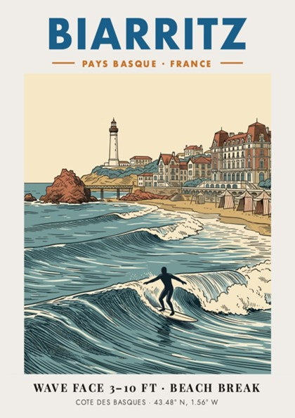 Biarritz travel poster featuring a lighthouse, historic buildings, and a surfer on waves.