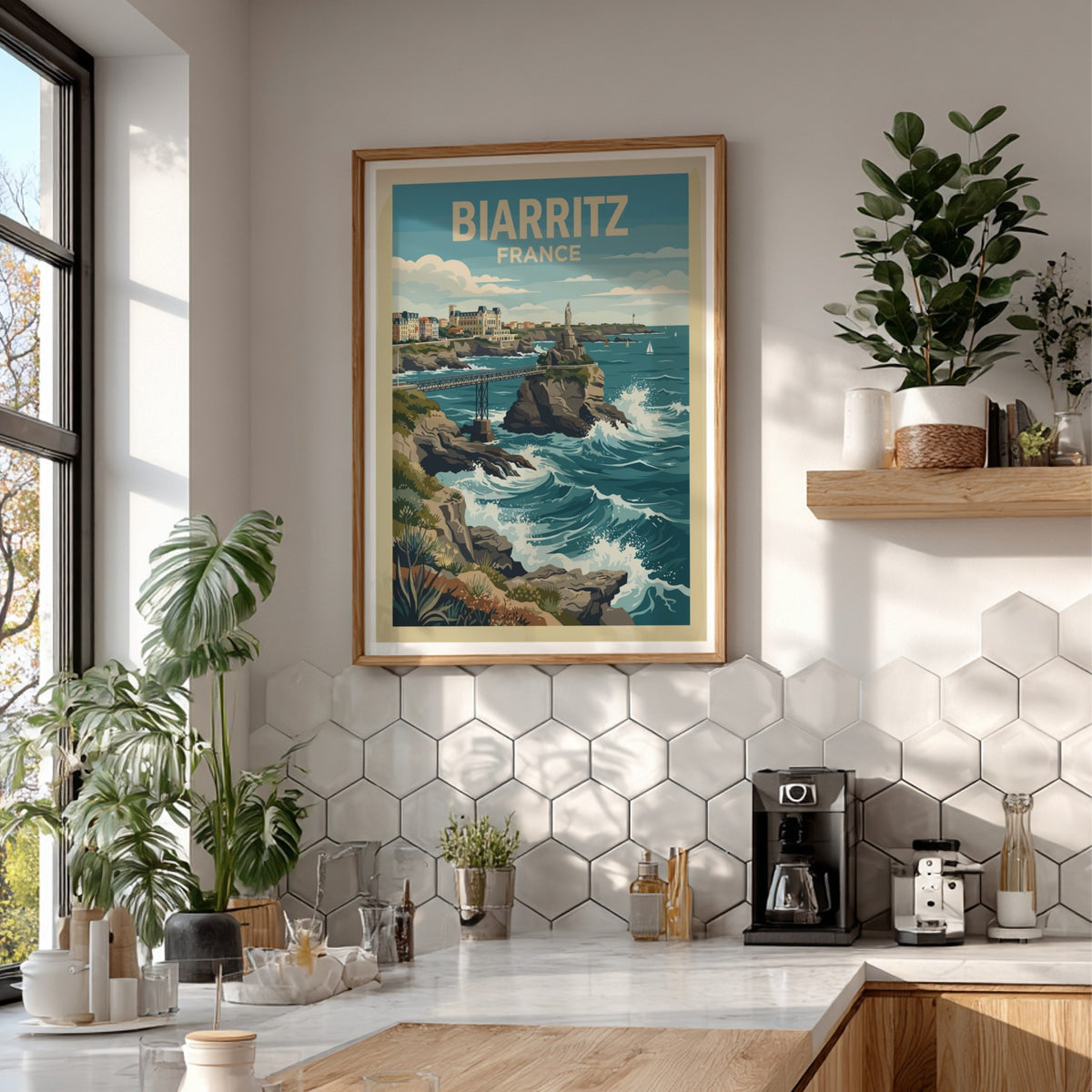 Biarritz France travel poster showing a coastal statue, iron bridge, and blue ocean waves.