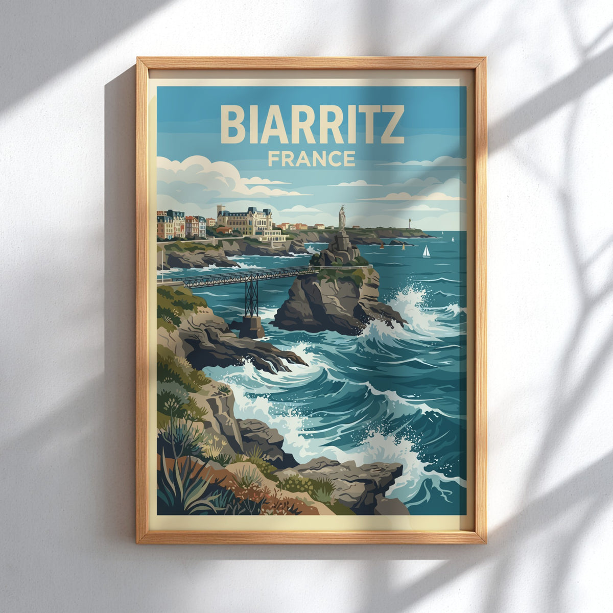 Biarritz France travel poster showing a coastal statue, iron bridge, and blue ocean waves.