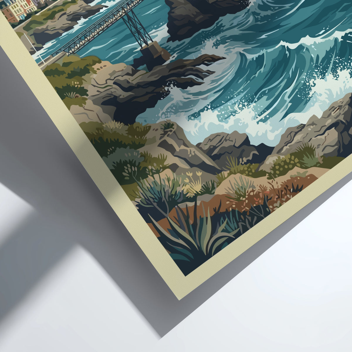 Biarritz France travel poster showing a coastal statue, iron bridge, and blue ocean waves.